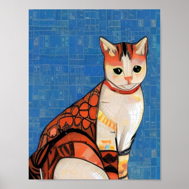 Mosaico marrón gato arte abstracto jengibre azul g (Frente)