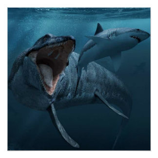 Mosasaurus persiguiendo al poster de tiburones