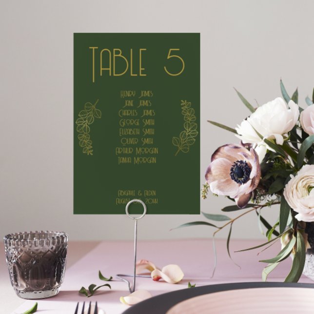Moss Green Elegant Classic Boda Número de mesa (Elegant Wedding Table Number Seating Guest List)
