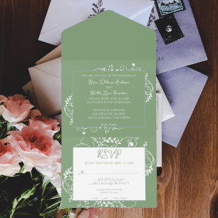 Moss Green Flourish Boda Todo En Una Invitación
