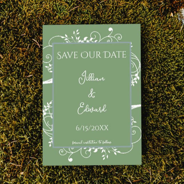 Moss Green Flourish Salva El Anuncio De La Fecha (Moss Green Flourish Save the Date Wedding Announcement)