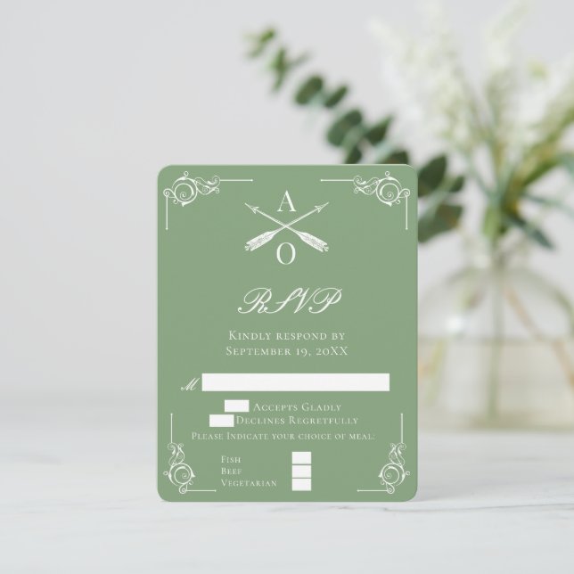 Moss Green Monograma y Tarjeta RSVP de boda (Anverso de pie)