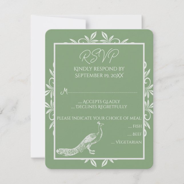 Moss Green Peacock Flourish Wedsh Tarjeta RSVP (Anverso)