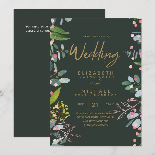 Moss Green Rosa Gold Wedding Invita (Anverso / Reverso)