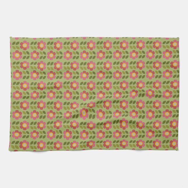 Mossy Bloom - Toalla de té botánico rosa y verde (Horizontal)