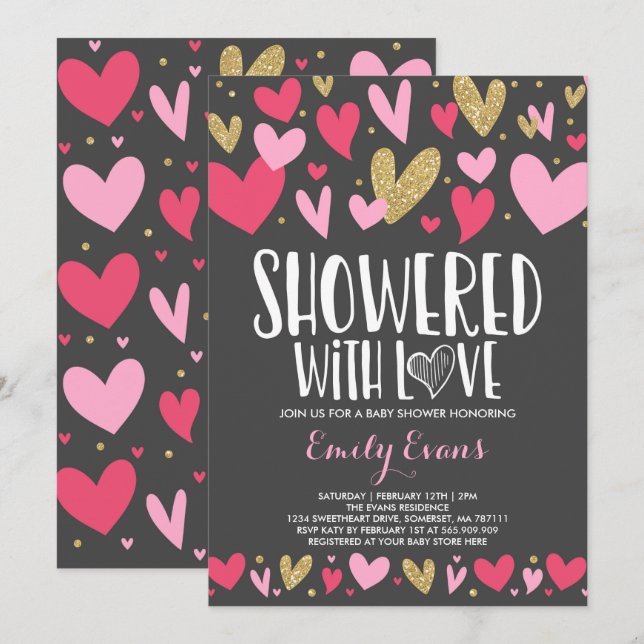 Mostrado con amor corazones de invitación de Baby  (Anverso / Reverso)