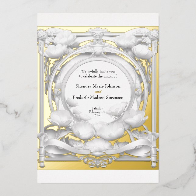Motivo Floral de Oro Opulento, Invitación de Bodas (Anverso)