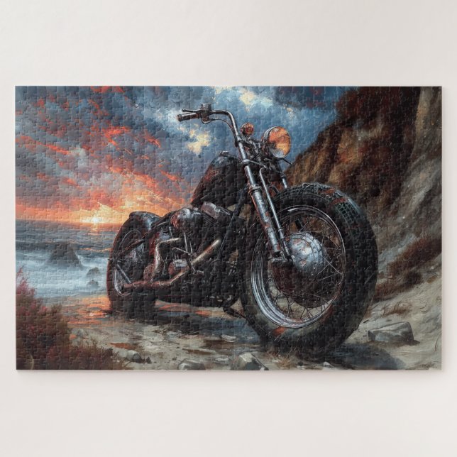 Motocicleta y rompecabezas de la puesta de sol (Horizontal)