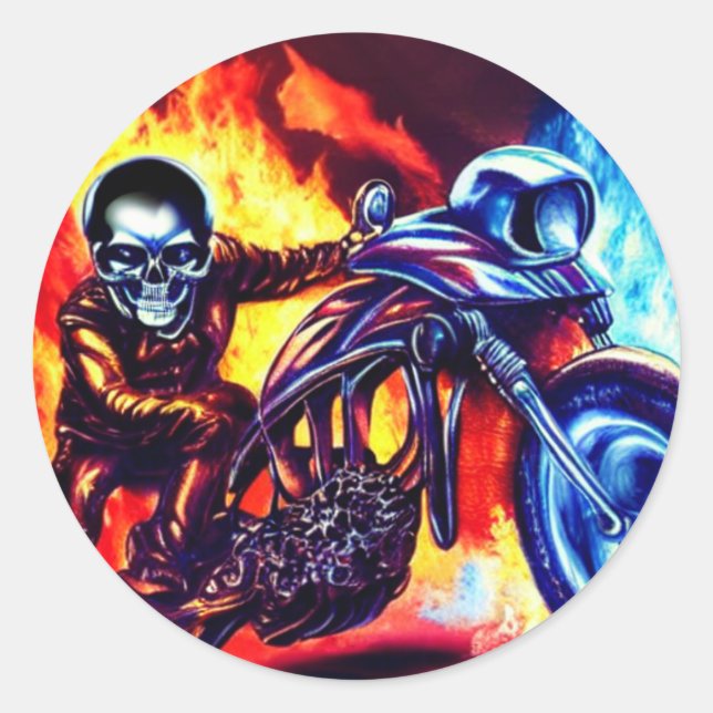 Motocicletas Flaming Skeleton Round Pegatina (Anverso)