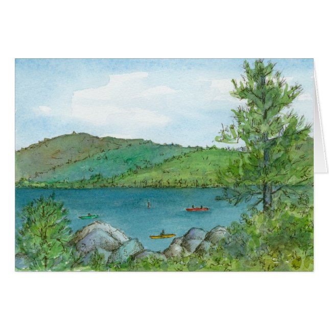 Mountain Lake Kayaking Watercolor Lanscape Art (Anverso (Horizontal))
