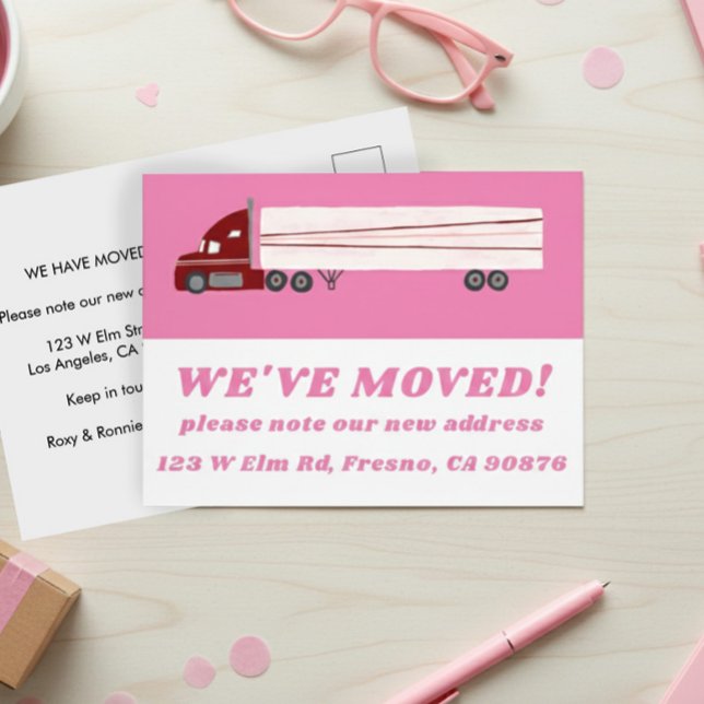 MOVIMIENTO DE INVITACIÓN NUEVA DIRECCIÓN Camión de (MOVING ANNOUNCEMENT NEW ADDRESS Cute Truck Pink Postcard
)