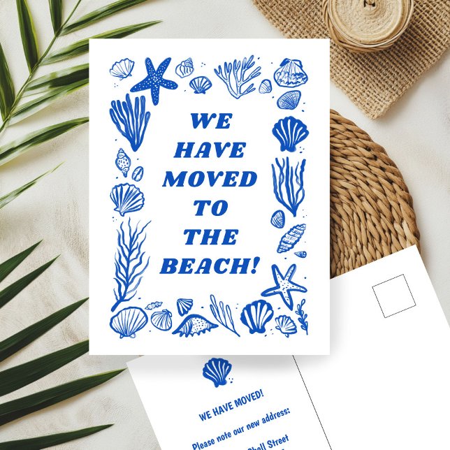 MOVIMIENTO DE LA INVITACIÓN DIRECCIÓN A LA Playa d ("We have moved to the beach" MOVING ANNOUNCEMENT NEW ADDRESS Change Blue Seashells Beach Postcard
)
