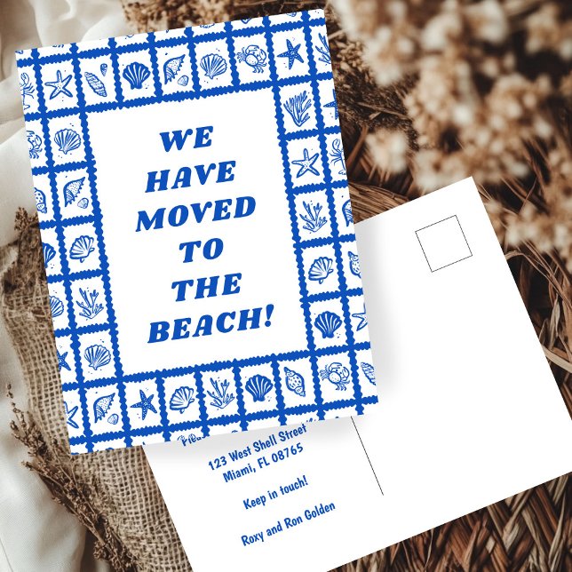 MOVIMIENTO DE LA INVITACIÓN DIRECCIÓN A LA Playa d (MOVING ANNOUNCEMENT ADDRESS Blue Seashells Beach Postcard
)