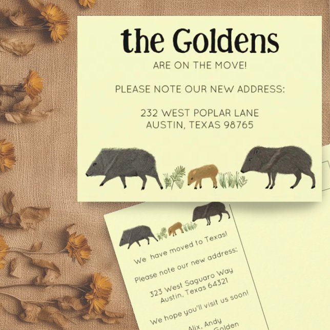 MOVIMIENTO INVITACIÓN Familia Javelina Sudoeste (Cute custom moving announcement address change postcard with drawing of javelina family)