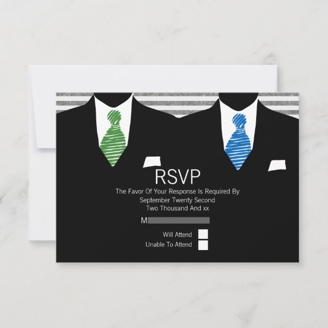 Mr. y Mr. Suit Green Blue Ties Gay Wedding RSVP V1 (Anverso)