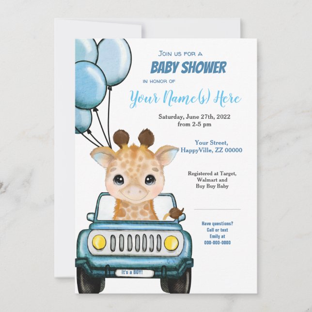 Muchacha jirafa en globos de invitación a Baby Sho (Anverso)