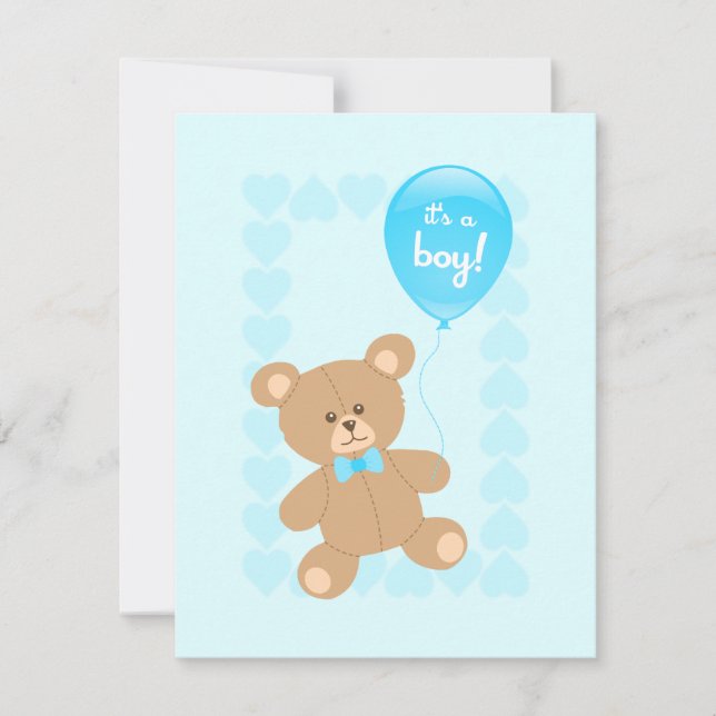 Muchacho Baby Shower Teddy con invitación en globo (Anverso)