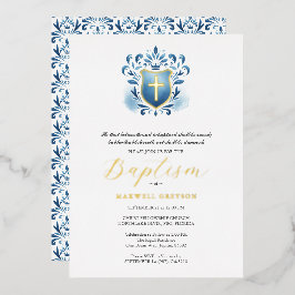 Muchacho bautismo invitaciones Escudo azul