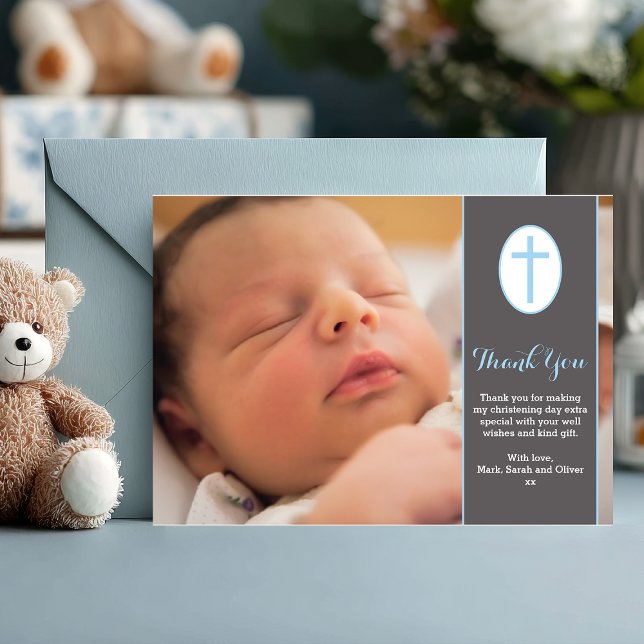 Muchacho cristiano/bautismo - Tarjeta de agradecim (A sweet way to say thank you 💙 Personalize this baby boy christening thank you card with your photo)