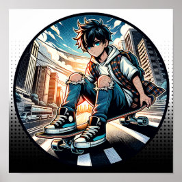 Muchacho de arte pop en el Skateboard en la ciudad