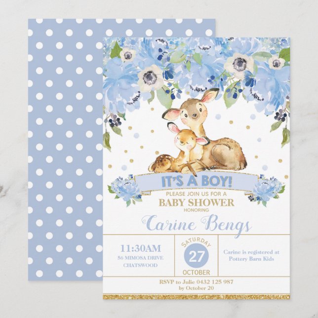 Muchacho floral de la invitación de Baby Shower de (Anverso / Reverso)