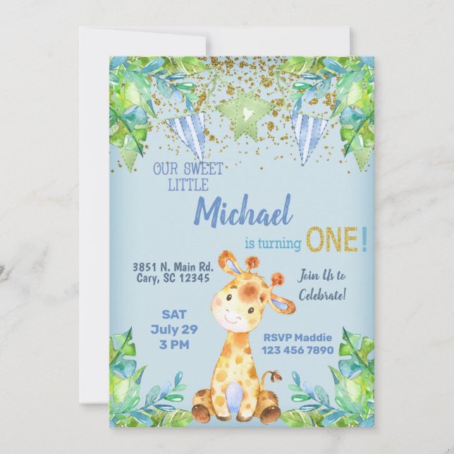Muchacho jirafa azul 1ª invitación de cumpleaños. (Anverso)