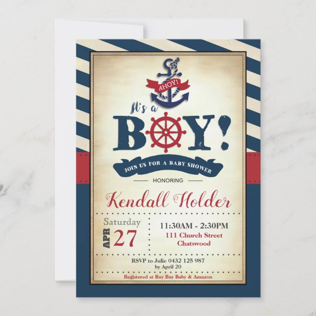 Muchacho náutico de la invitación de Baby Shower (Anverso)