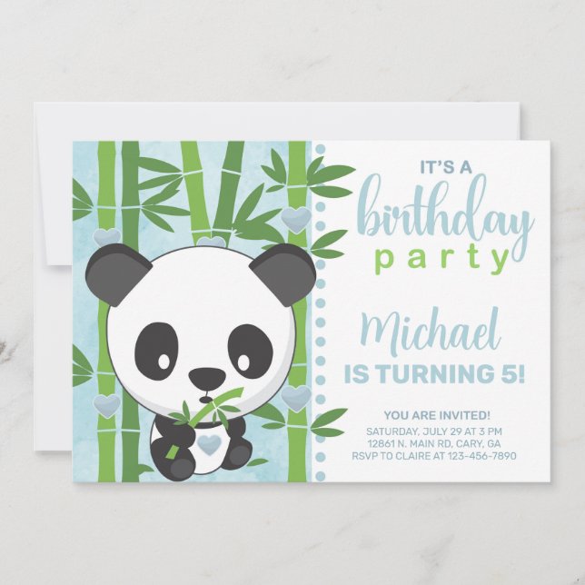 Muchacho panda con invitación de cumpleaños, invit (Anverso)