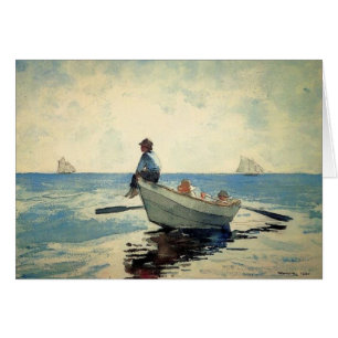 Muchachos en el mar en un Dory