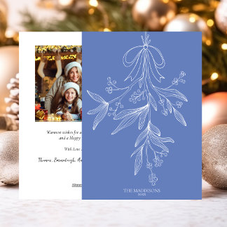 Muérdago Dibujado a Mano y Lazo de Navidad Azul