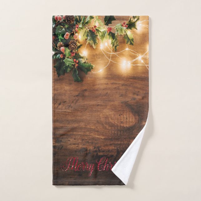 Muérdago verde, Luces de Cadena, Madera de Navidad (Toalla de mano)