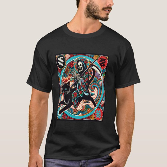 Muerte japonesa monta una camiseta de gato negro (Anverso)
