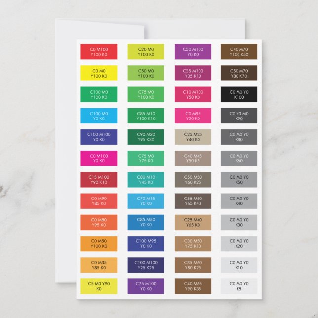 Muestras de color CMYK y Hex Code (Anverso)