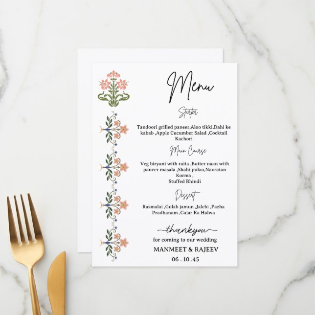 Mughal Natural Motif Indian Wedding Menu  (Anverso/Reverso In Situ)