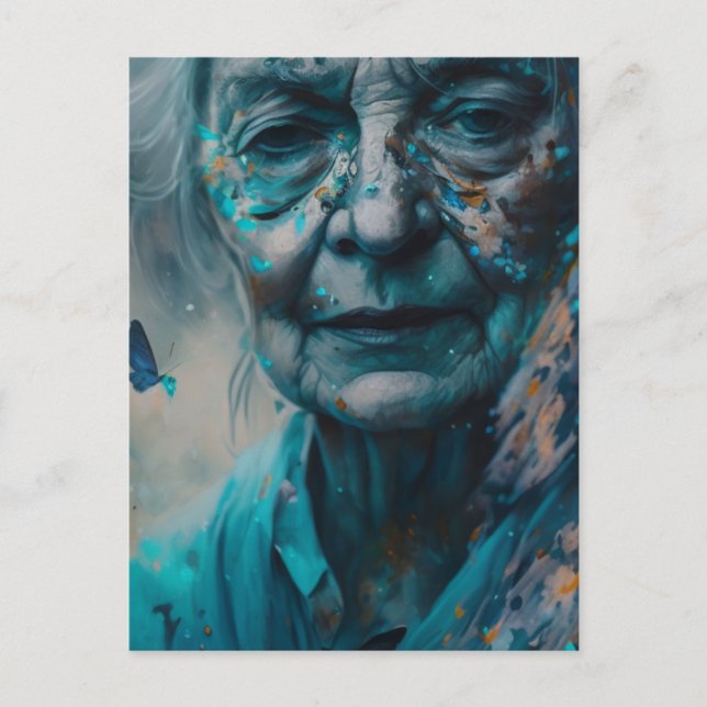 Mujer Anciana Con Postales De Mariposas Azules (Anverso)