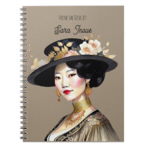 Mujer asiática hermosa en libreta de sombrero vint