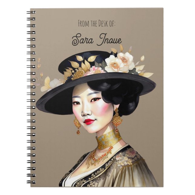 Mujer asiática hermosa en libreta de sombrero vint (Frente)