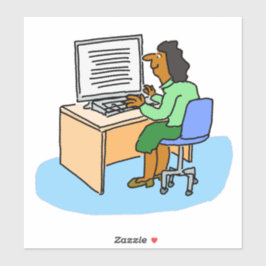 Mujer asiática trabajando en un pegatina de comput