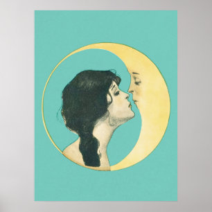 Mujer besando la imagen de arte de la luna