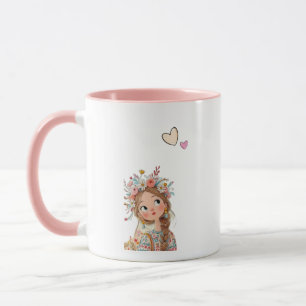 Mujer Boho Adorable con Corona de Flores Taza Rosa