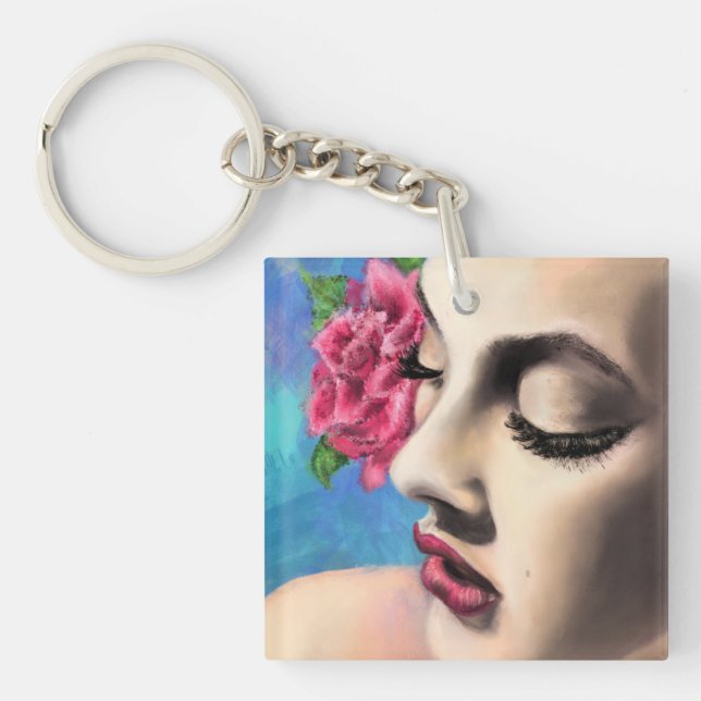 Mujer bonita con Llavero de Rosa (Frente)