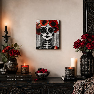 Mujer Calavera de Azúcar de Flor Roja Arte del Día