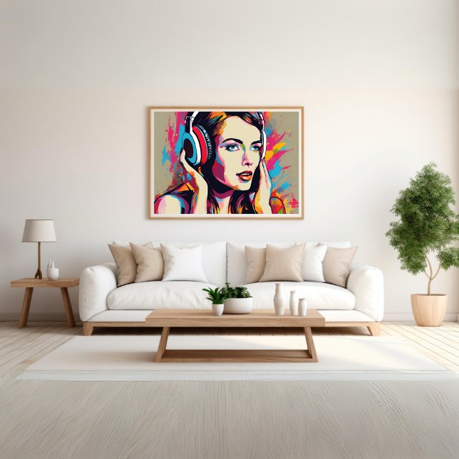 Mujer colorida escucha arte pop musical (Colorful Woman Listens to Music Pop Art Poster)