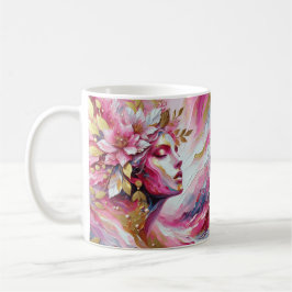 Mujer colorida hojas de oro rosadas taza de té caf
