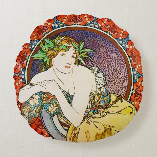 Mujer con amapola, Cojín decorativo Alphonse Mucha (Anverso)