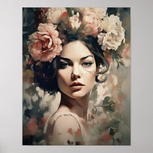 Mujer con arte de cabeza de flor Póster de impresi