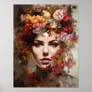 Mujer con Arte de Cabeza de Flor Póster Impreso