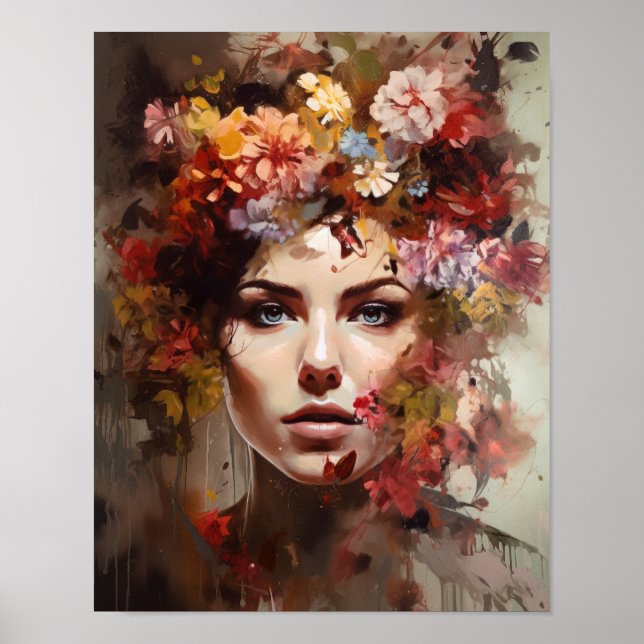 Mujer con Arte de Cabeza de Flor Póster Impreso (Frente)