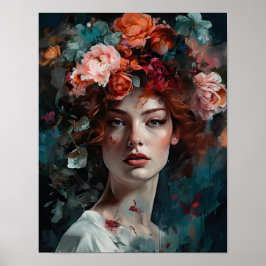 Mujer con Arte de Cabeza de Flor Póster Impreso