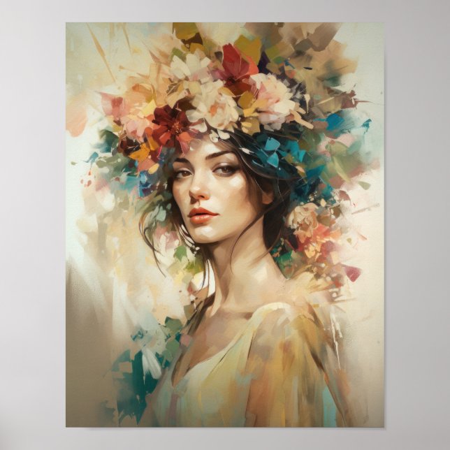 Mujer con Cabeza de Flor Arte Impreso Póster (Frente)